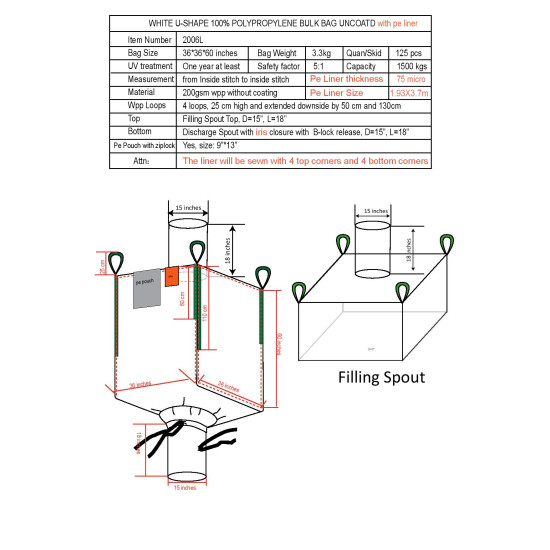 #2006L BIG BAG S/S 45 LINER UV SINGLE USE <br>36X36X60 (1500KG) #2006L BIG BAG S/S 45 LINER UV SINGLE USE <br>36X36X60 (1500KG)