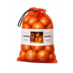 #M15ORLP SAC FILET OIGNONS 25 LB – MAILLE POLYPROPYLÈNE ROUGE AVEC BANDE IMPRIMÉE <br>15